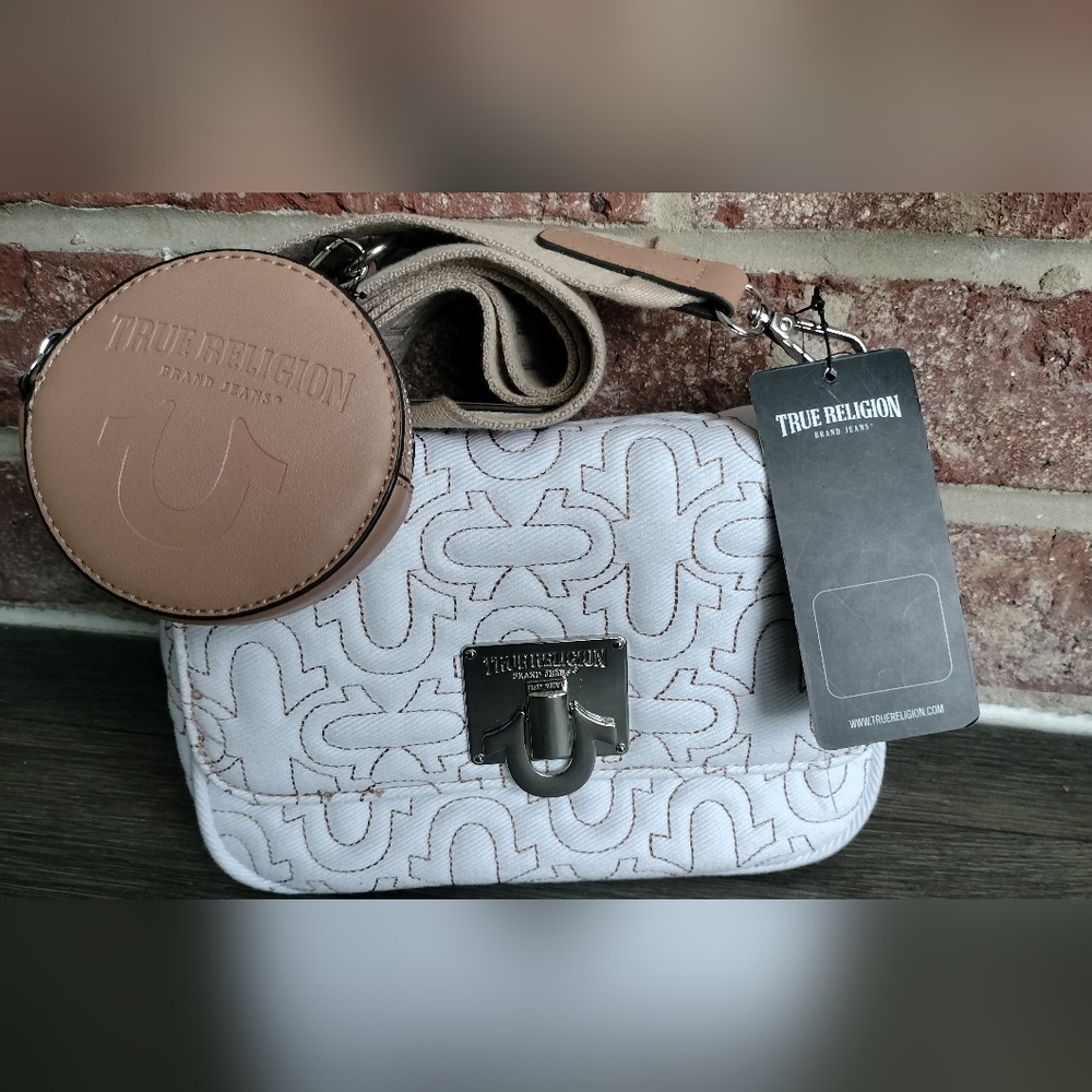 True Religion Quilted White and Tan Crossbody Bag